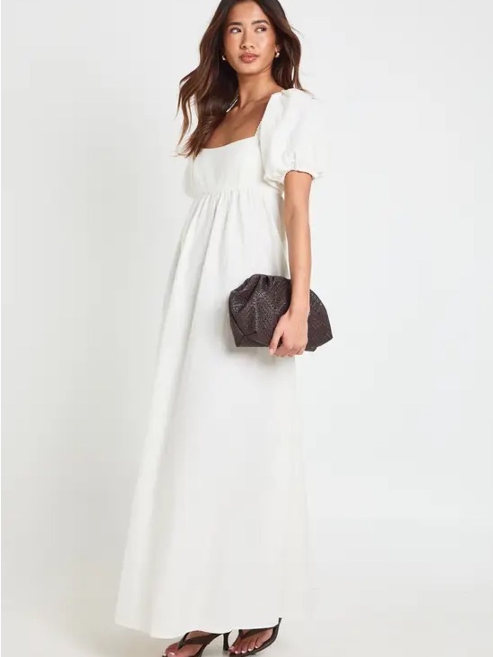 Boohoo White Puff-Sleeve Square Neck Maxi Dress